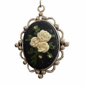 Victorian Style Pendant Black With Embroidered white Roses.